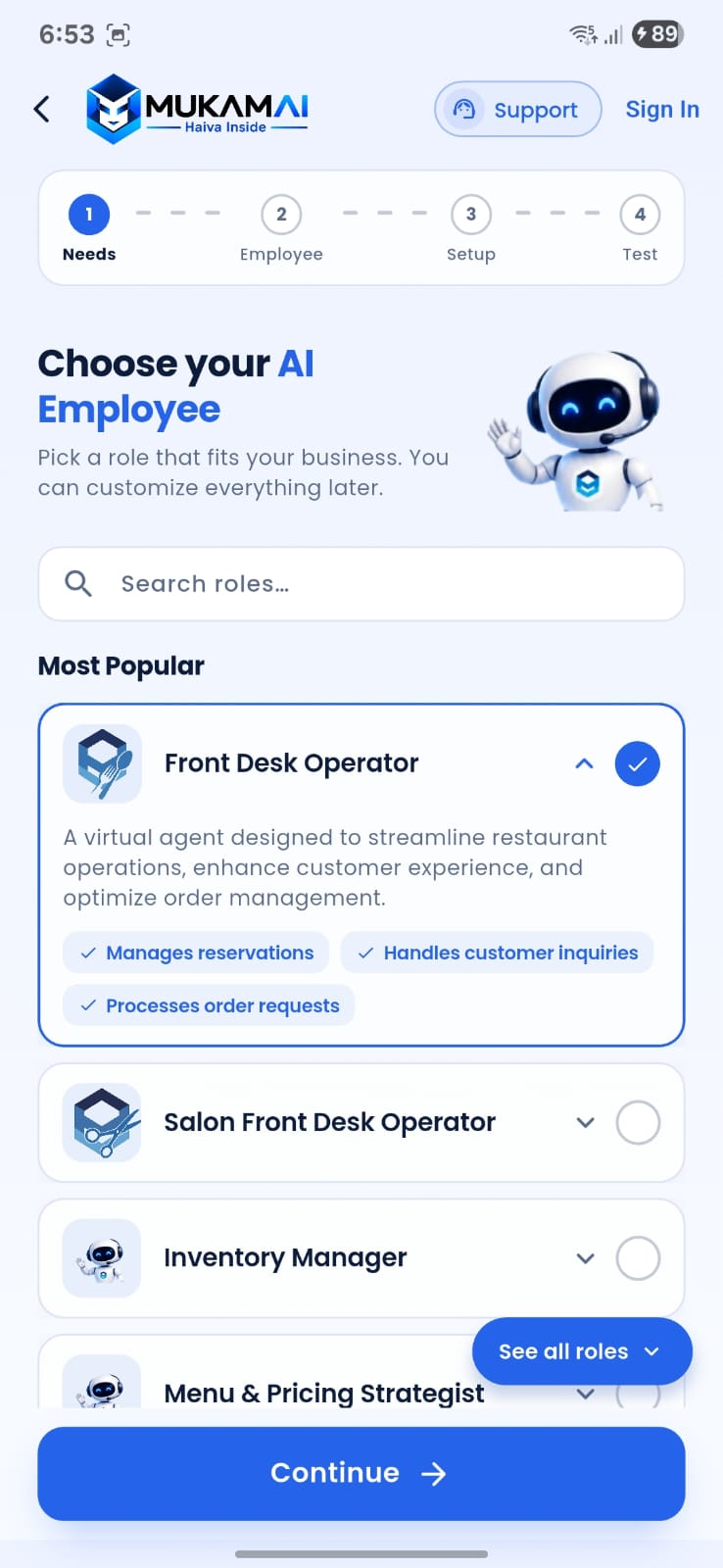 Choose screen in the MUKAM AI app