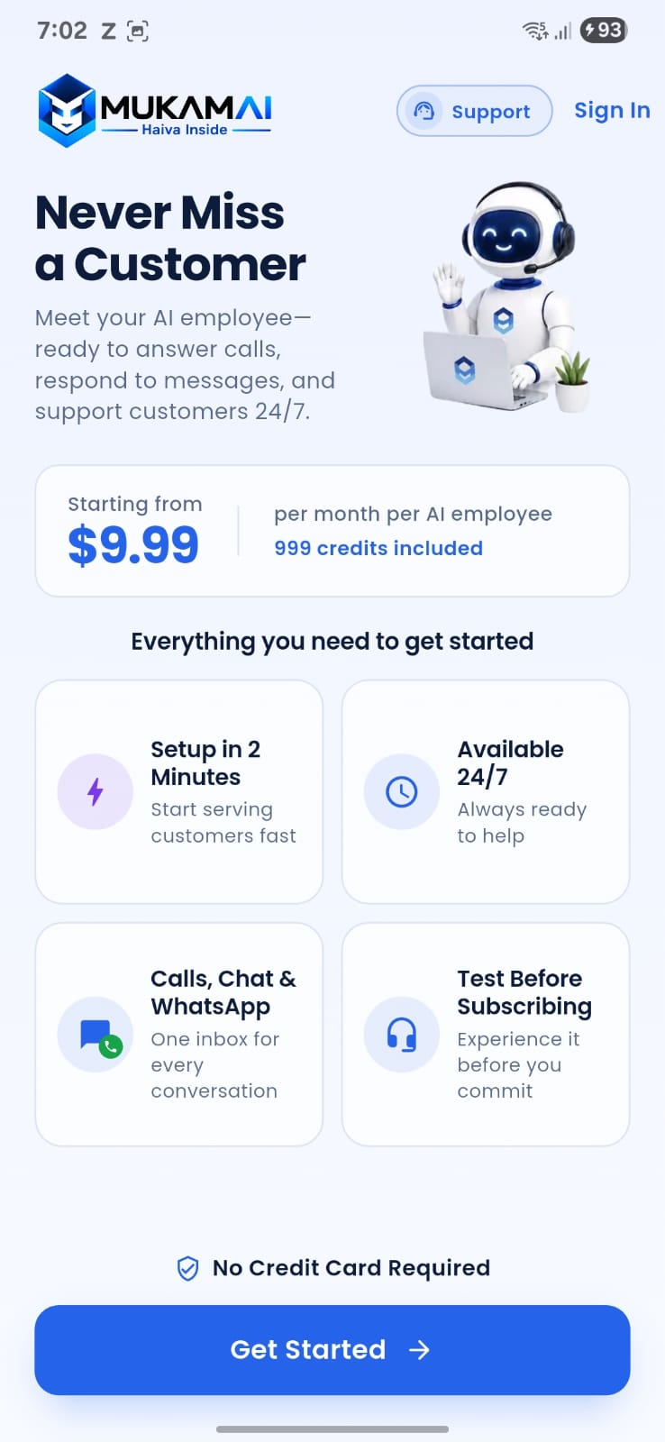 MUKAM AI app home screen — Never miss a customer